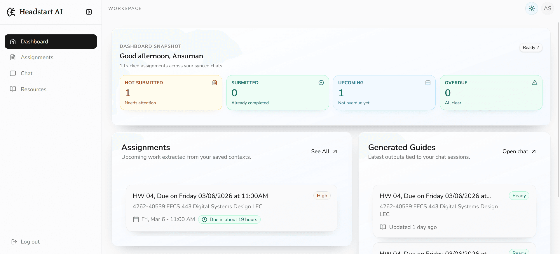 Headstart AI dashboard