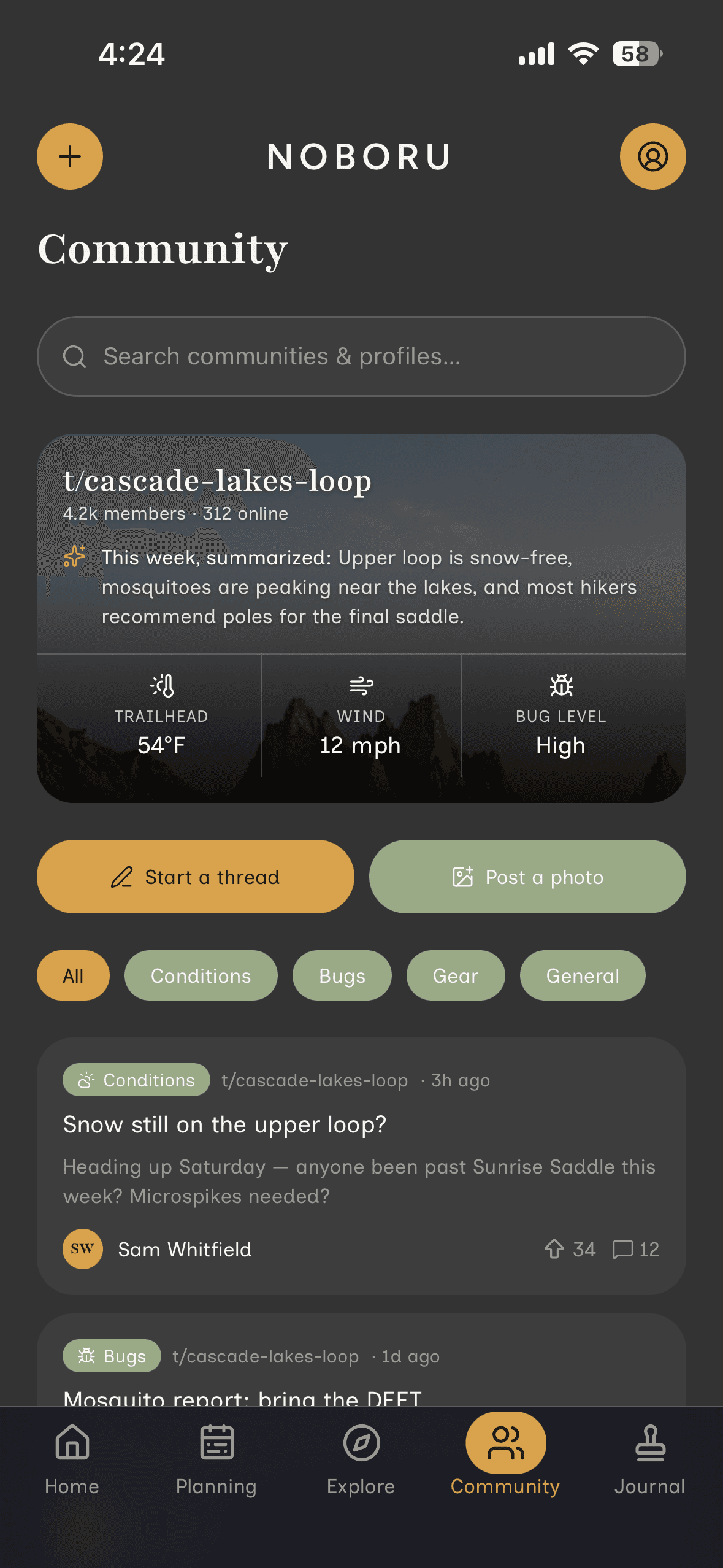 Noboru's Community tab, showing a trail community with current conditions and recent threads