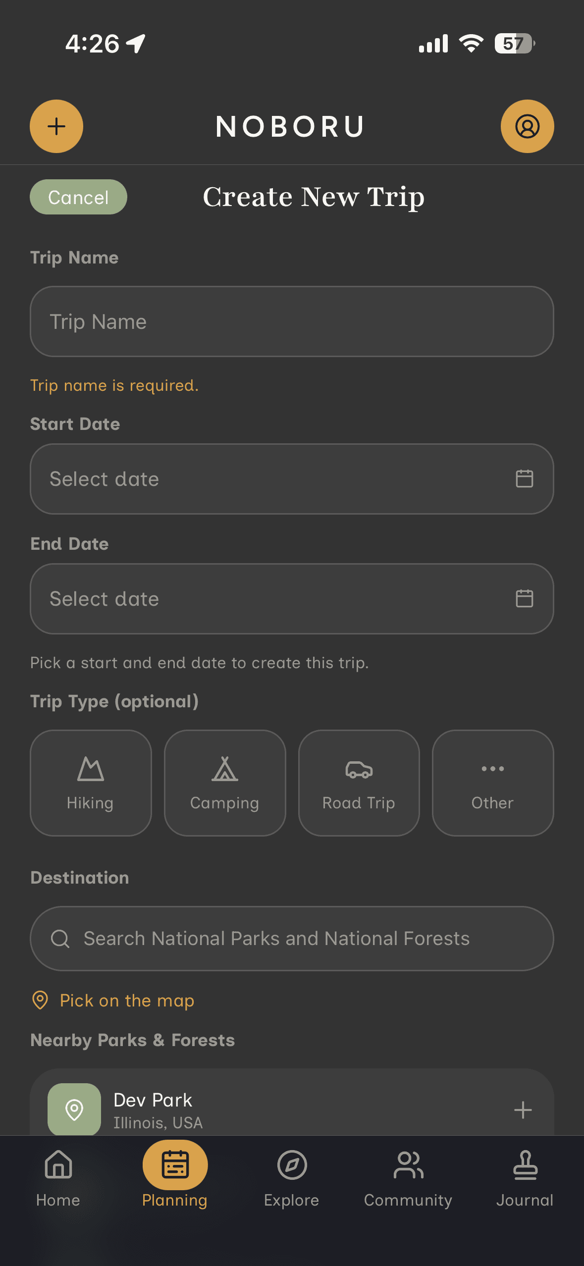 Noboru's Create New Trip screen, with fields for trip name, dates, trip type and destination