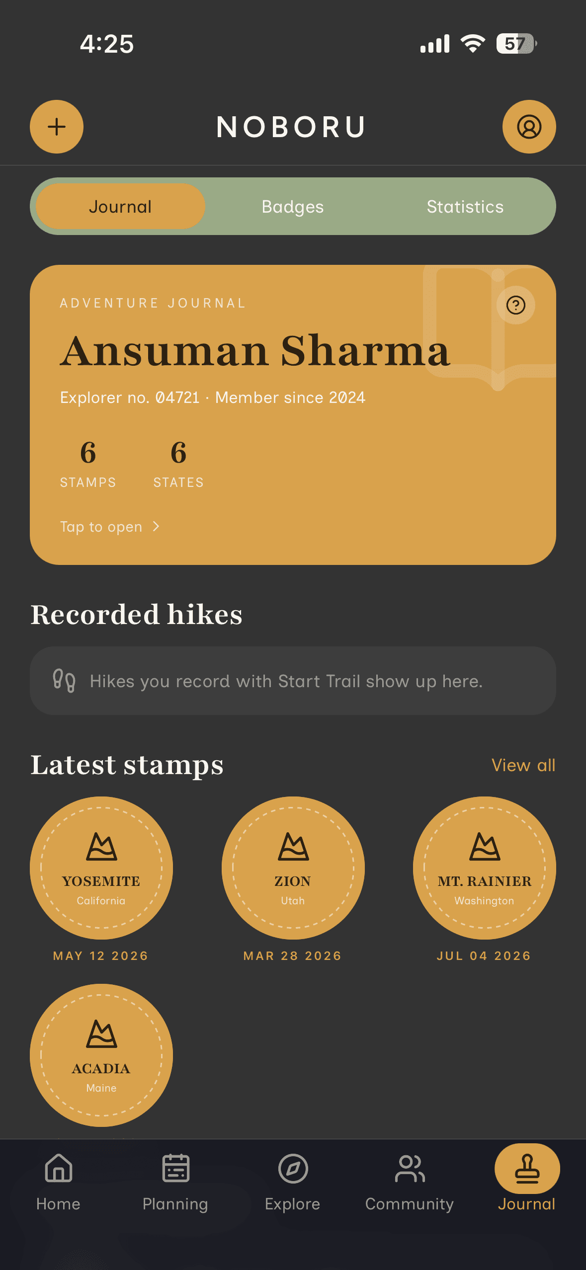 Noboru's Journal tab, showing an adventure journal card and the latest park stamps